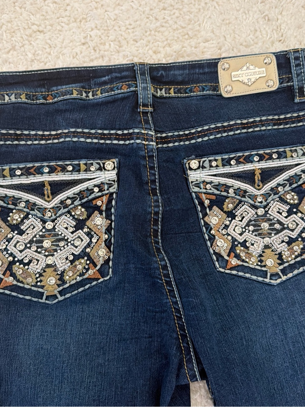 Dark Blue Boot Cut Jeans with Embellished Back Pockets - Sexy Couture